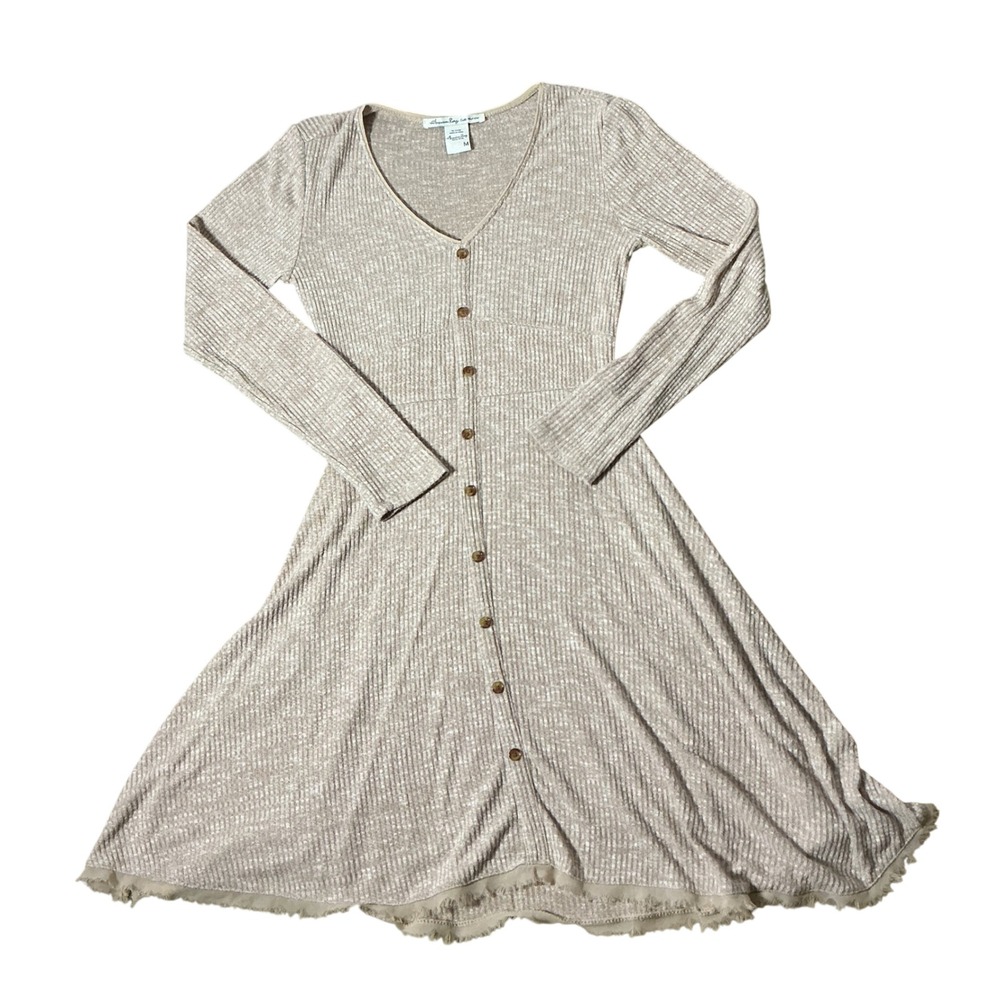 American Rag Ribbed Knit Button Front Dress Womens M Tan Boho Fit Flare Raw Hem